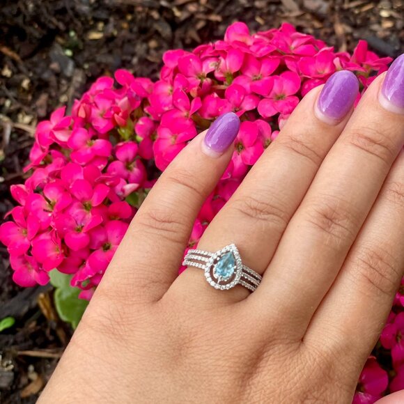 14k Vintage Pear Shaped Aquamarine & 0.6 CTW Diamond Halo Ring - Picture 6 of 6